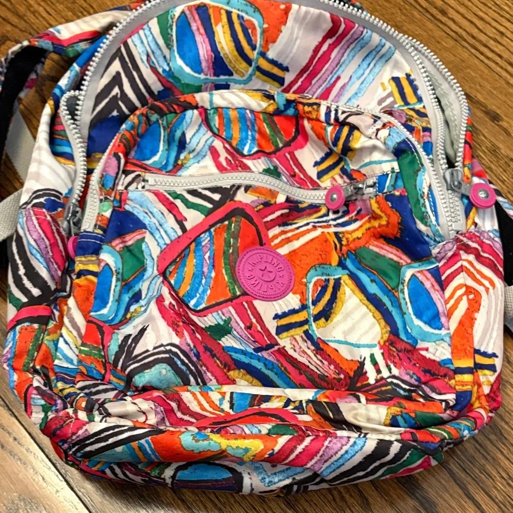 Kipling Multicolor Abstract Pattern Backpack with Pink Logo - Picture 1 of 7